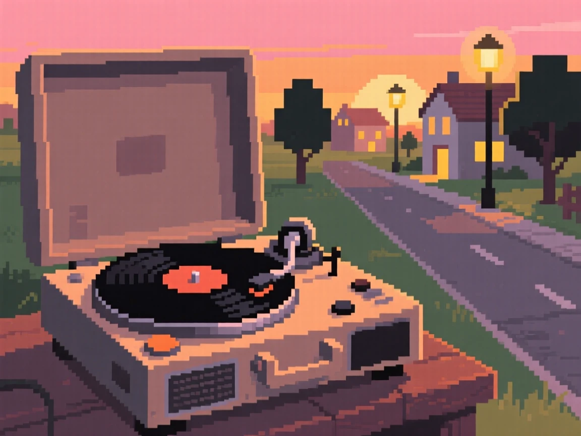 An old record player spinning a vinyl disc gathered close as the streetlights flicker on, in a small countryside town at sunset.
