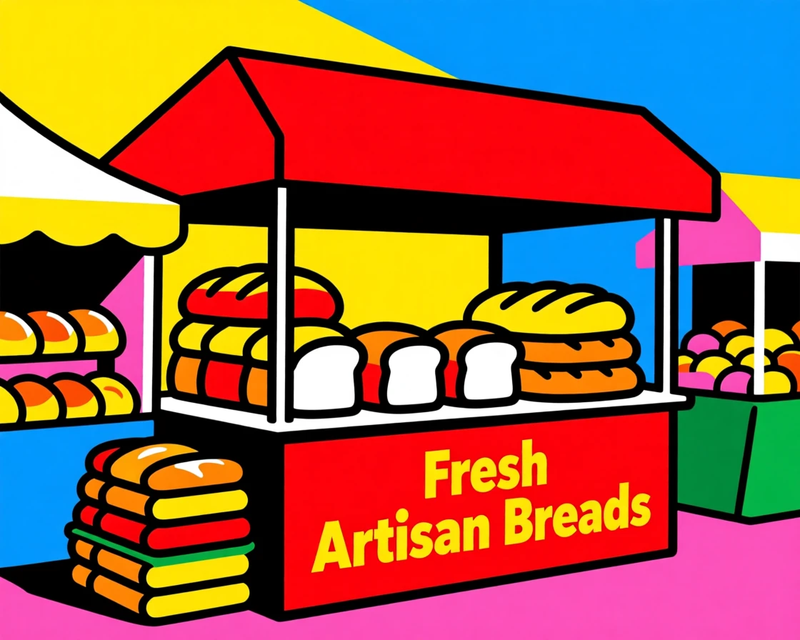 Weekend farmers market bread stand with fresh loaves