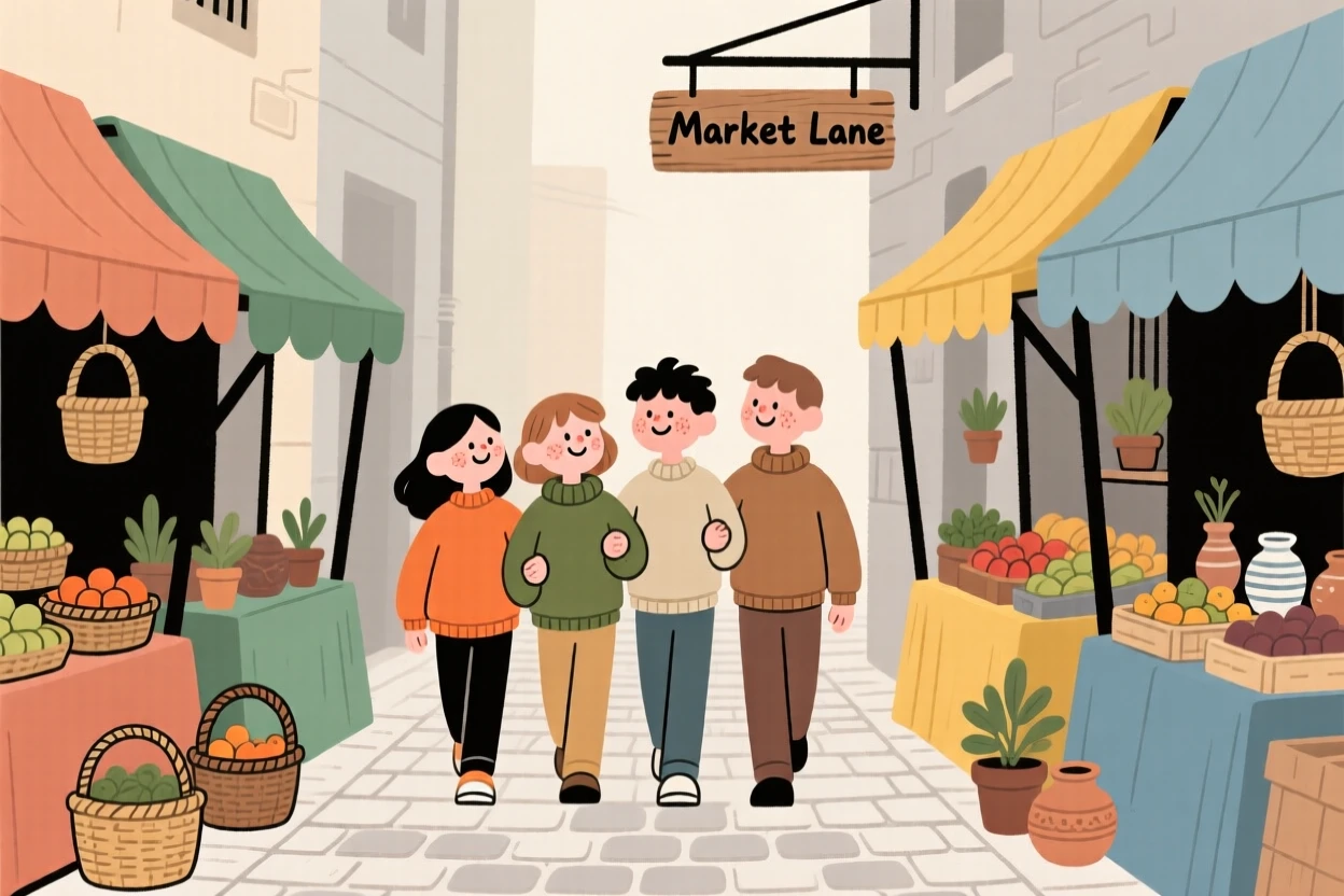 A group of friends link arms and walk down a narrow alley lined with colorful market stalls, heading toward the town square.