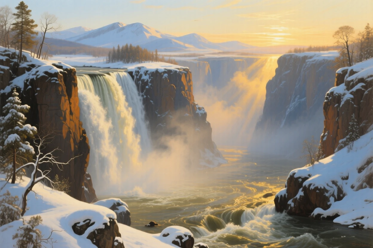 A grand panoramic scene of a dramatic waterfall cascading into a misty gorge, at golden hour, under a fresh blanket of winter snow.