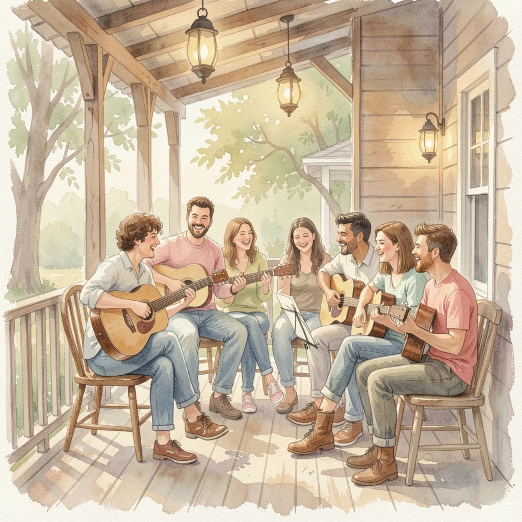 A group of friends playing music together on a porch in a relaxed, unhurried setting.