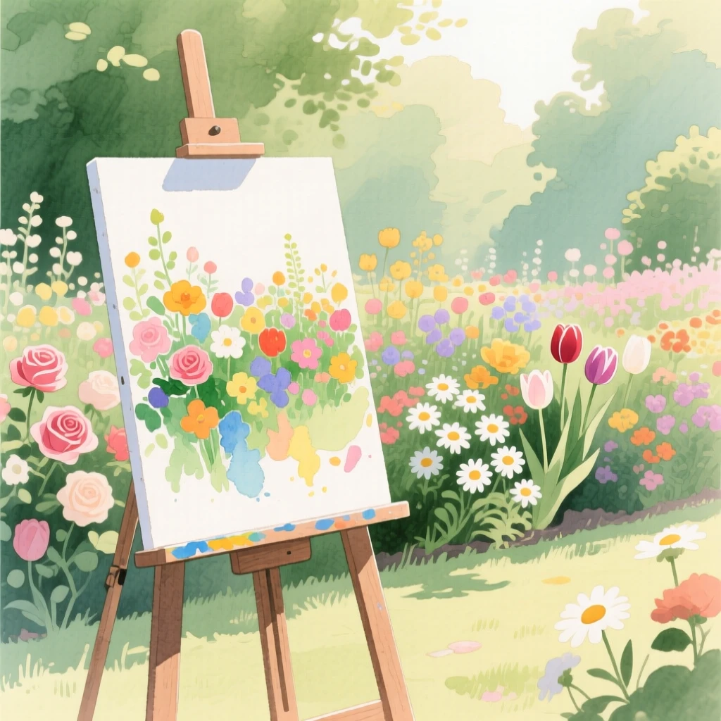 A painter's easel stands in a sunlit garden, half-finished canvas capturing the blooming flowerbeds beyond