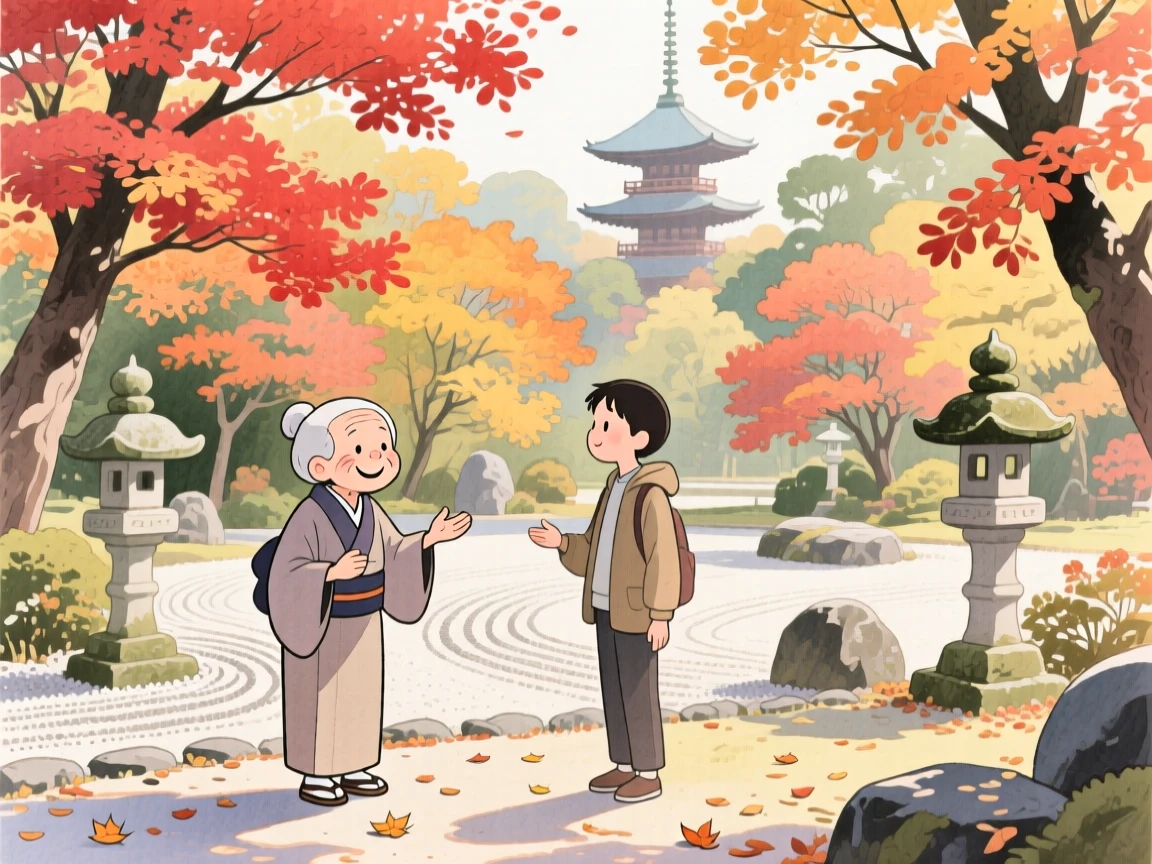 An elderly local shares a warm smile with a passerby amid a serene Zen garden in Kyoto during autumn foliage, inspiring a dream of far-off horizons.