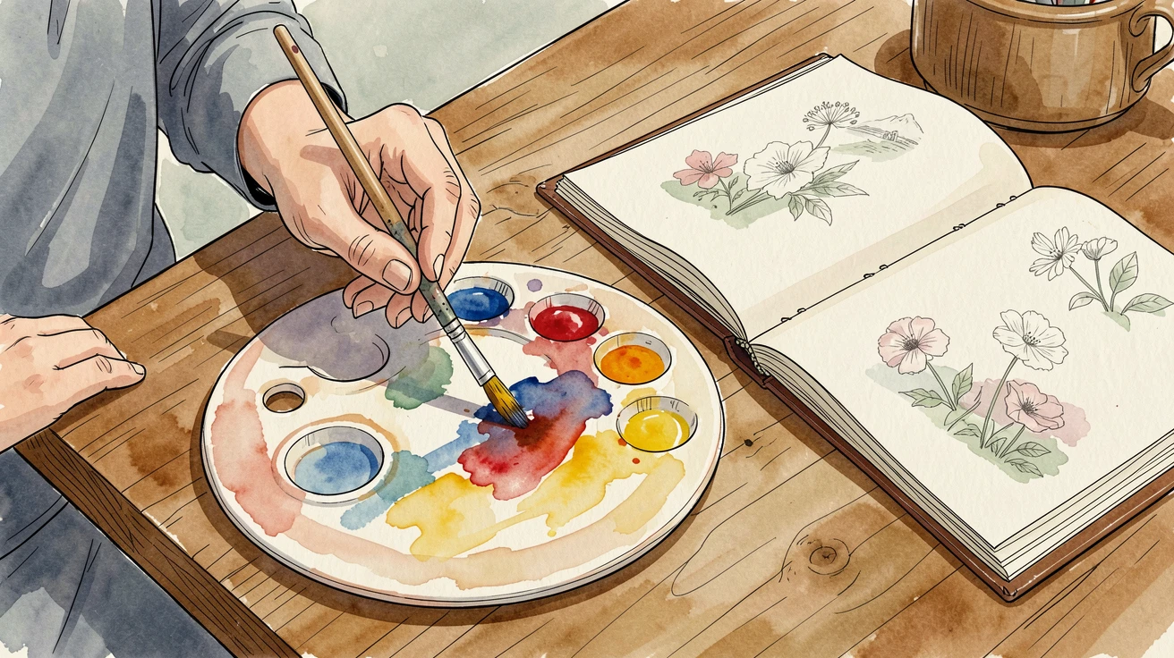 A painter mixing watercolors on a palette beside an open sketchbook, small details revealing years of practiced dedication.