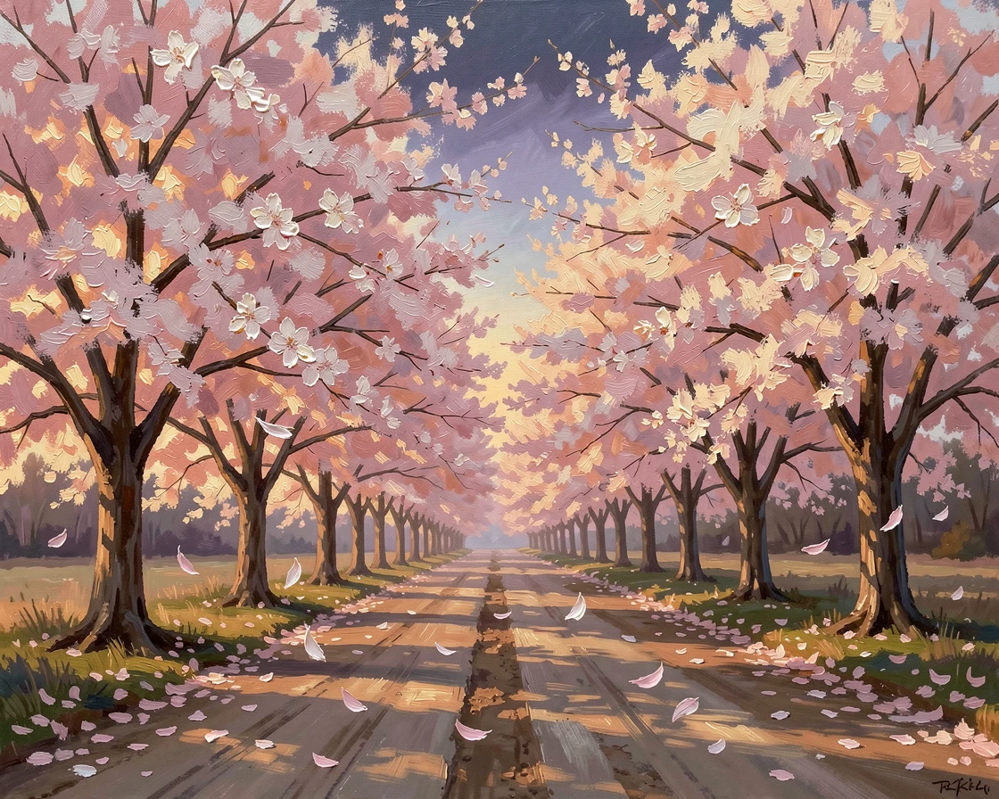 A cherry blossom-lined avenue in full spring bloom, a light breeze sending petals drifting across the path, along a quiet country road lined with blossoming trees, at golden hour, petals catching the low evening light.