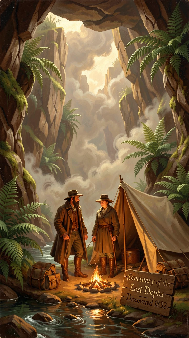 A pair of explorers sets up camp within a remote valley hidden by clouds deep beneath the earth's surface.