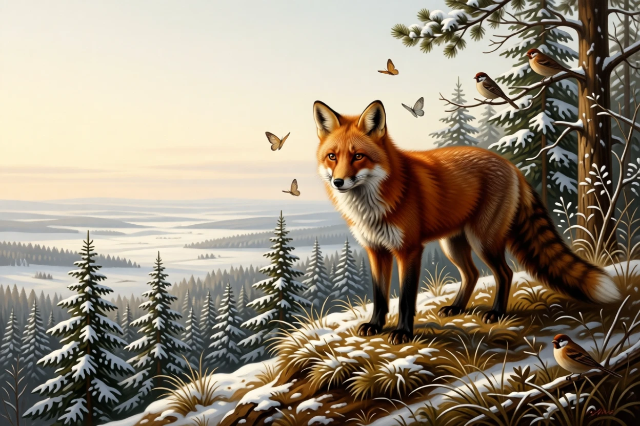 A curious fox pausing at the edge of a snow-dusted forest as instinct and elegance move in perfect harmony, set atop a windswept ridge overlooking a vast, open landscape, with small birds or butterflies adding quiet movement to the scene; the composition balances raw power with graceful, natural stillness, radiating peace, freedom, and untamed beauty.