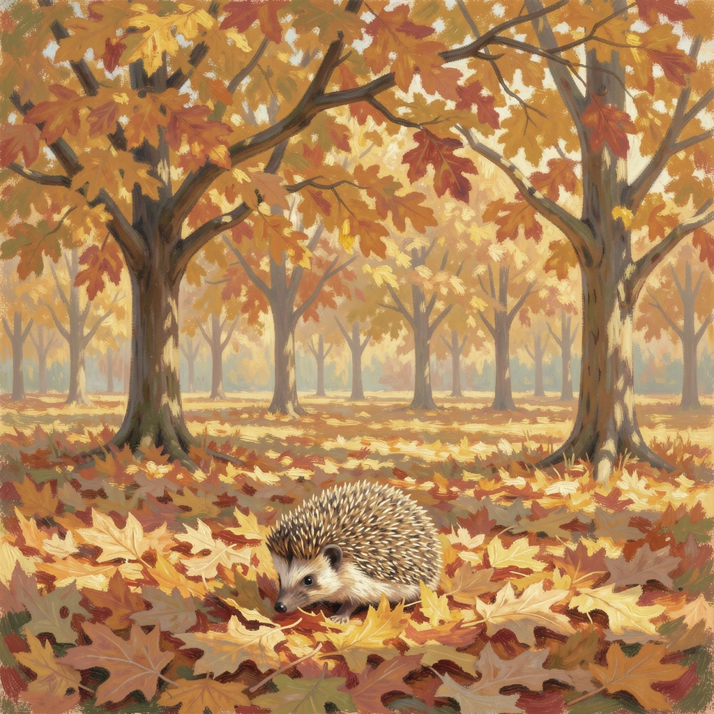 A hedgehog foraging among fallen autumn leaves beneath a canopy of golden oak trees, capturing a moment of quiet intimacy.