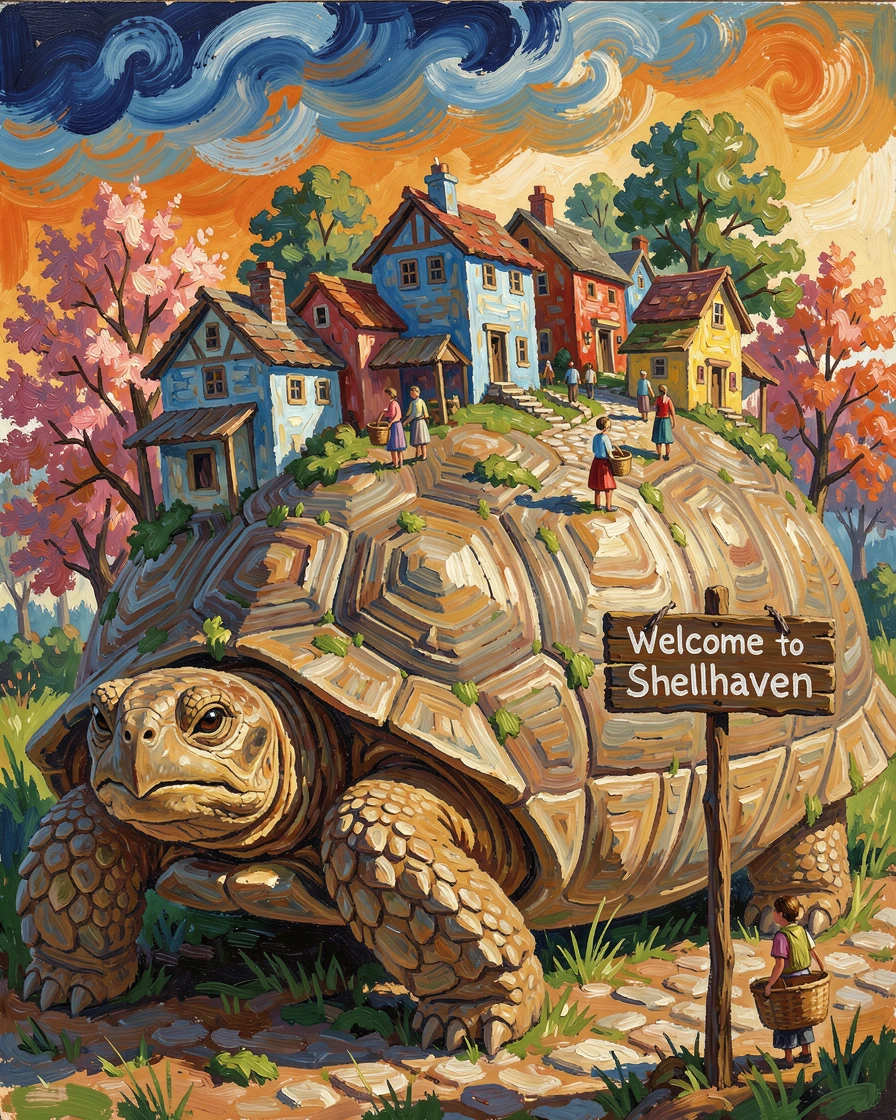 An ancient tortoise the size of a hill, a small village built upon its shell.