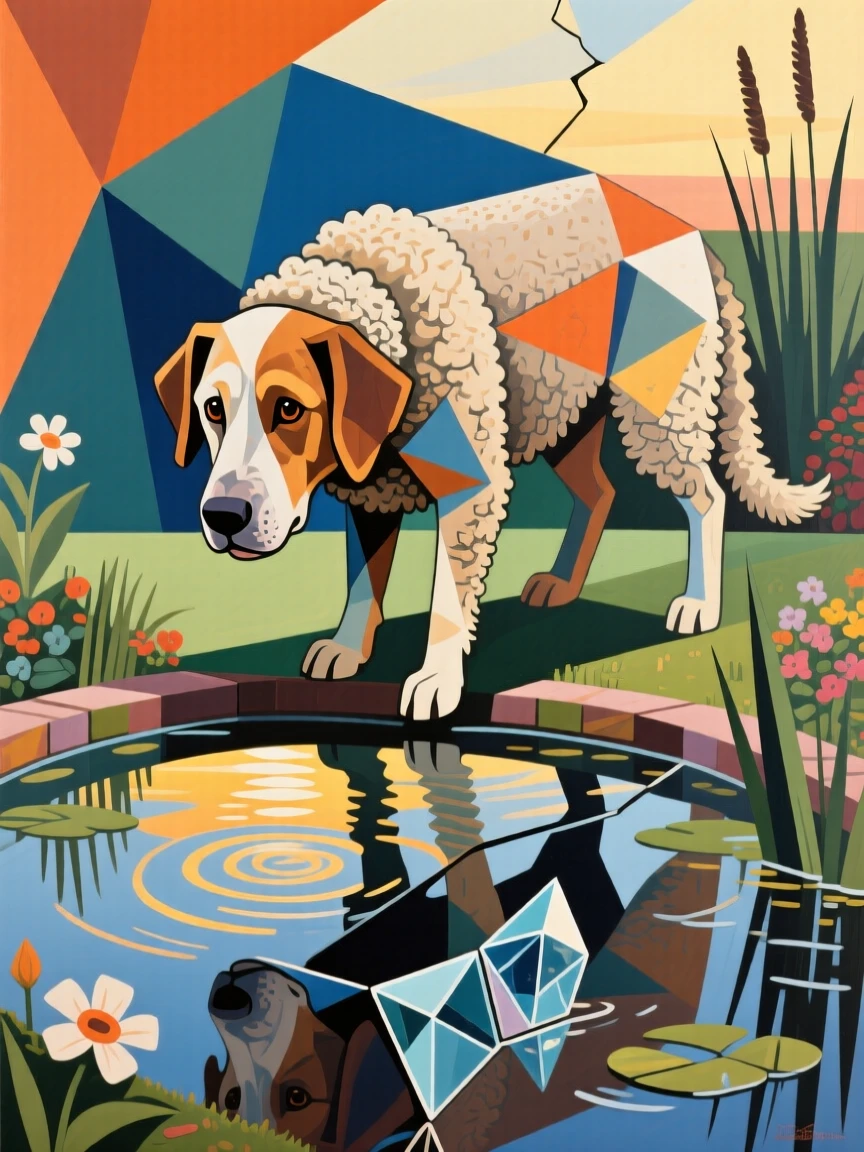 A charming portrait of a loyal old sheepdog peering curiously into a garden pond, at sunrise.