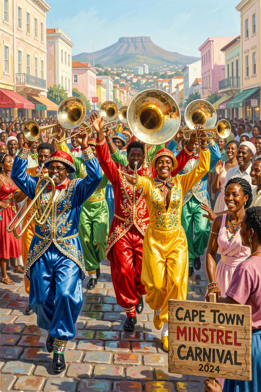 A colorful South African Cape Town Minstrel Carnival shows troupes in bright satin costumes parading through city streets with brass bands, small cultural details woven throughout the scene, grounding it in a specific time and place.