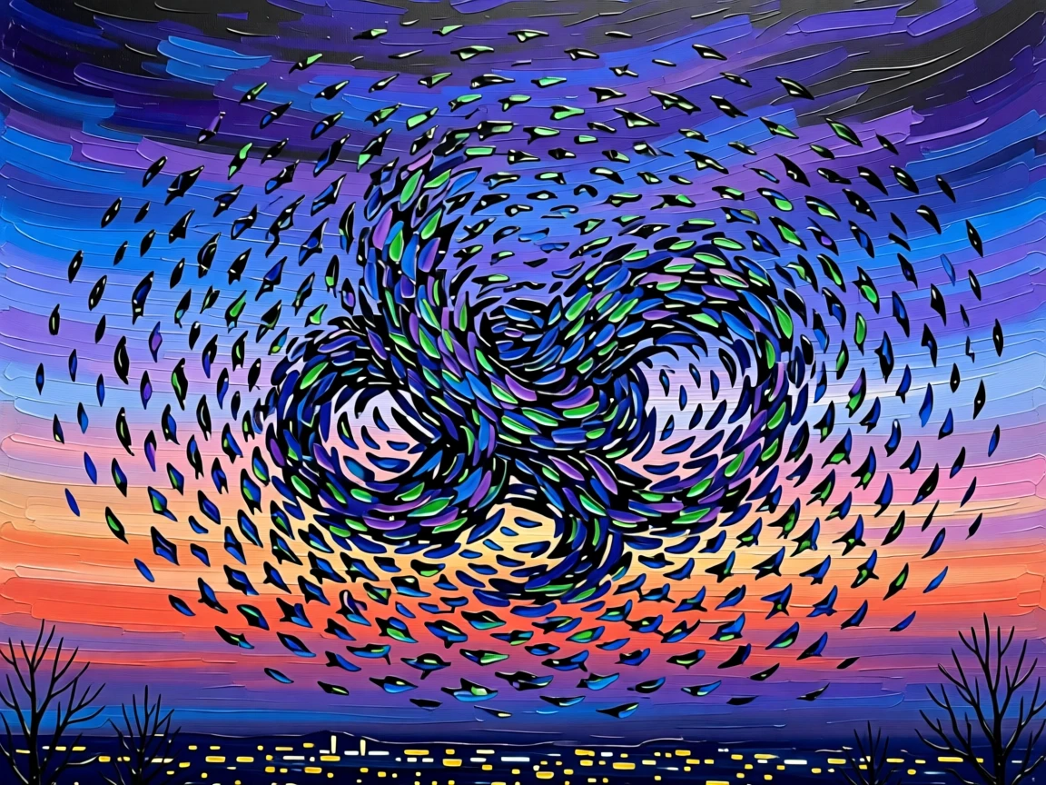 A murmuration of thousands of starlings swirling into shifting shapes at dusk