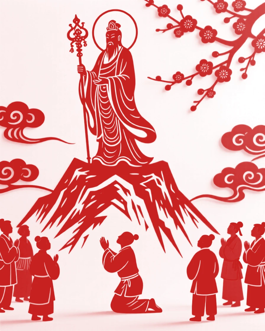 A mountain deity, granting a wish to a kneeling villager, as mortal onlookers watch in awe from below.