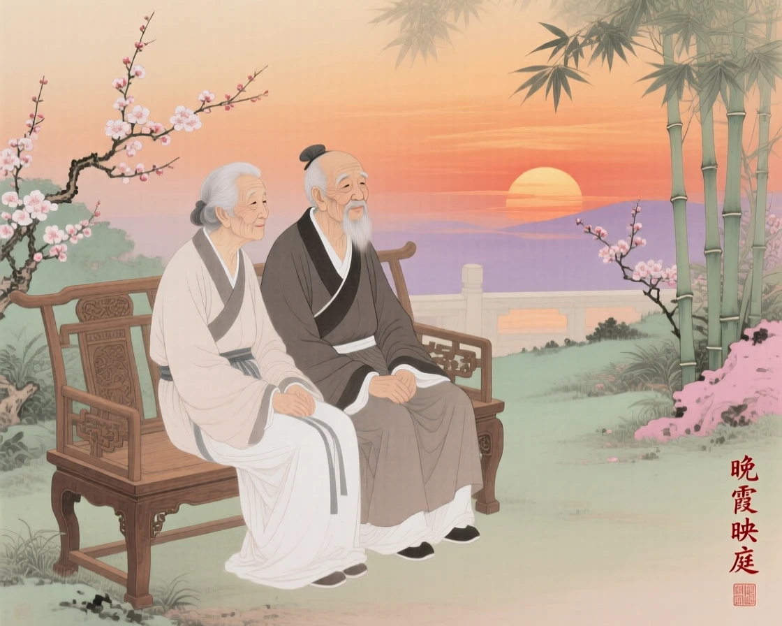 An elderly couple sitting quietly together watching the sunset from a garden bench