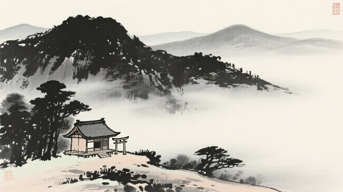 A secluded mountain shrine wrapped in early morning fog, captured from a distance, small against a vast landscape, suggesting timeless craftsmanship and peaceful tradition.