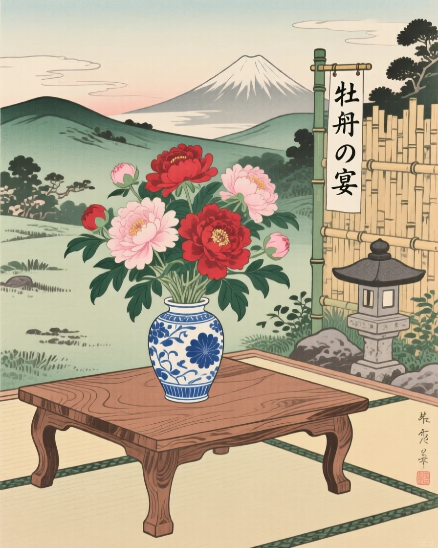 A vase of blooming peonies resting on a low wooden table.