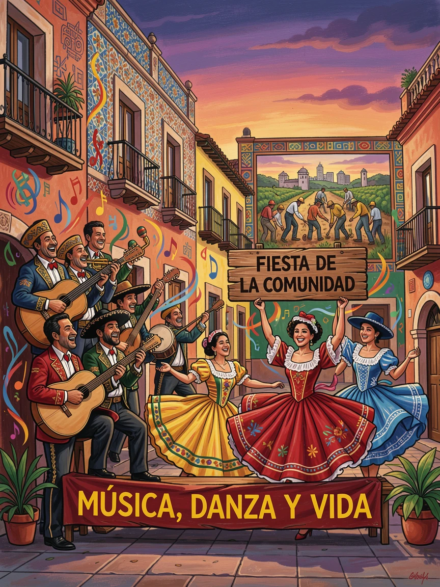 A city square filled with musicians and dancers at dusk