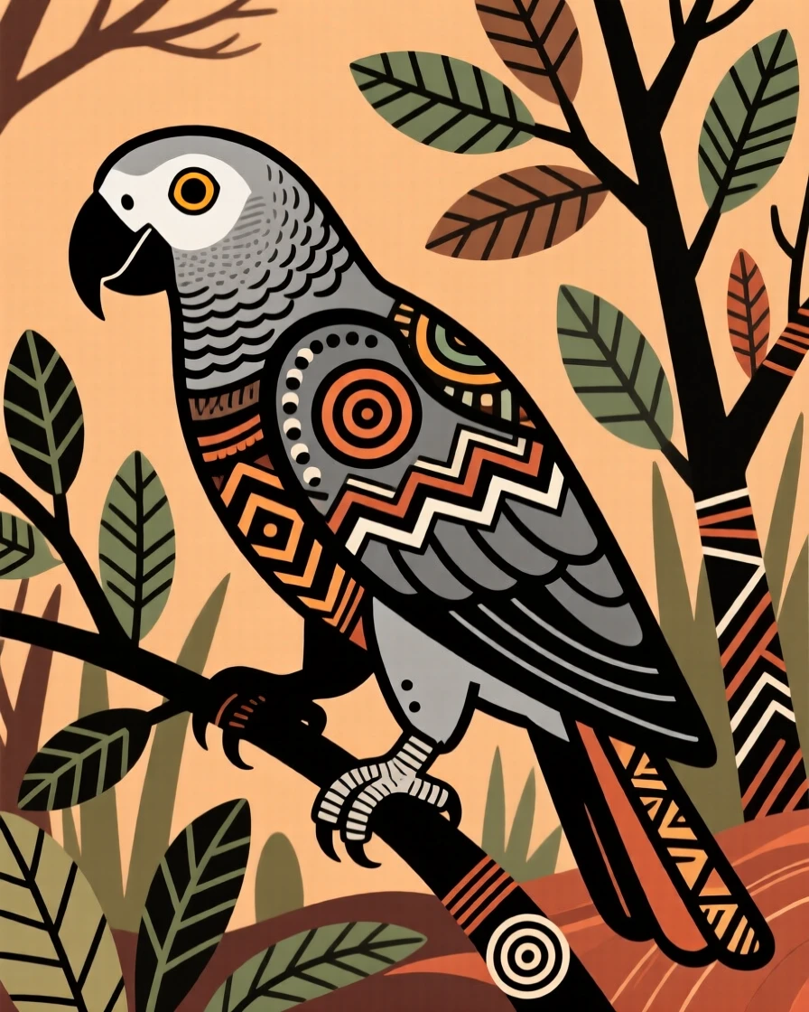 An African grey parrot stalking through the bush.