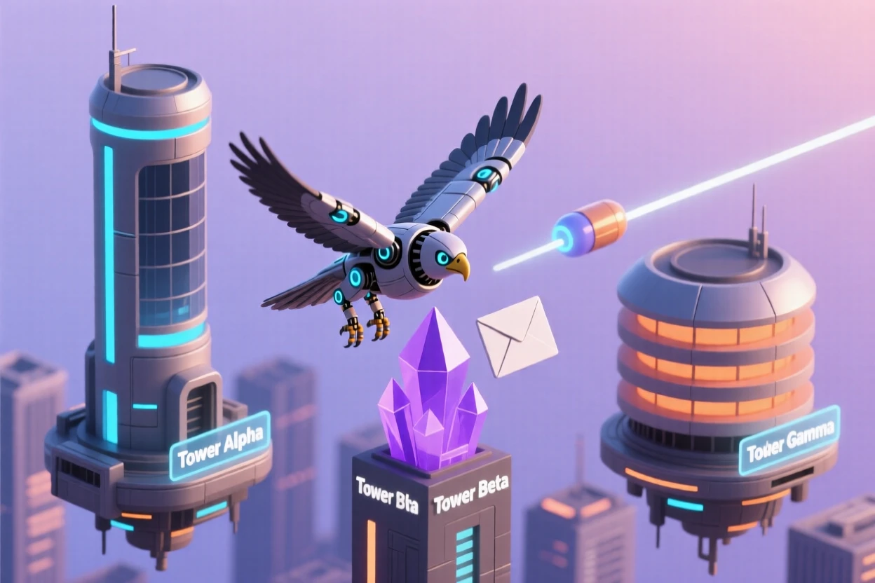 A robotic falcon delivering messages between floating towers in a sprawling futuristic skyline at dusk.