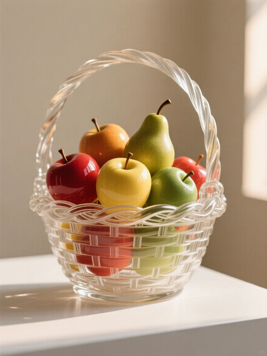 A basket overflowing with autumn apples and pears as morning light streams across the table