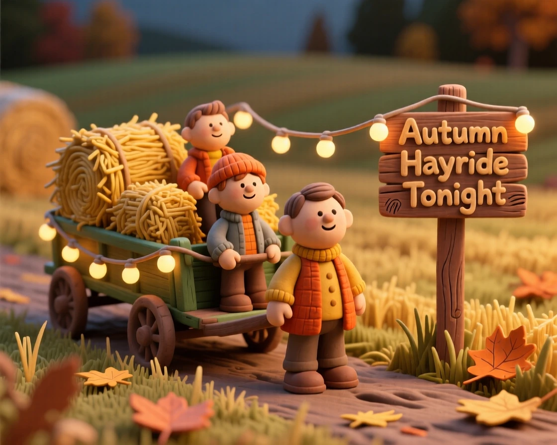 An autumn hayride through a field lit by string lights