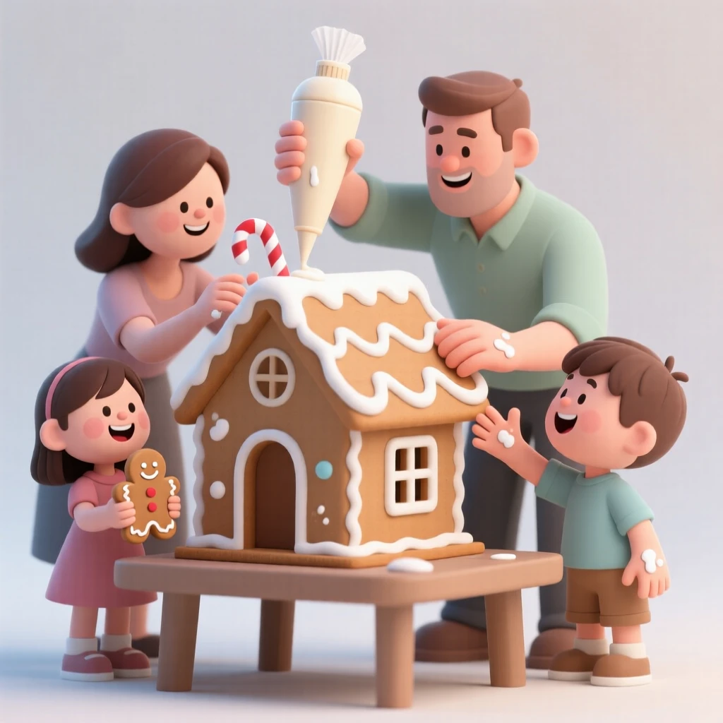 A cheerful family builds a gingerbread house together, frosting smudged on happy fingers and chins.