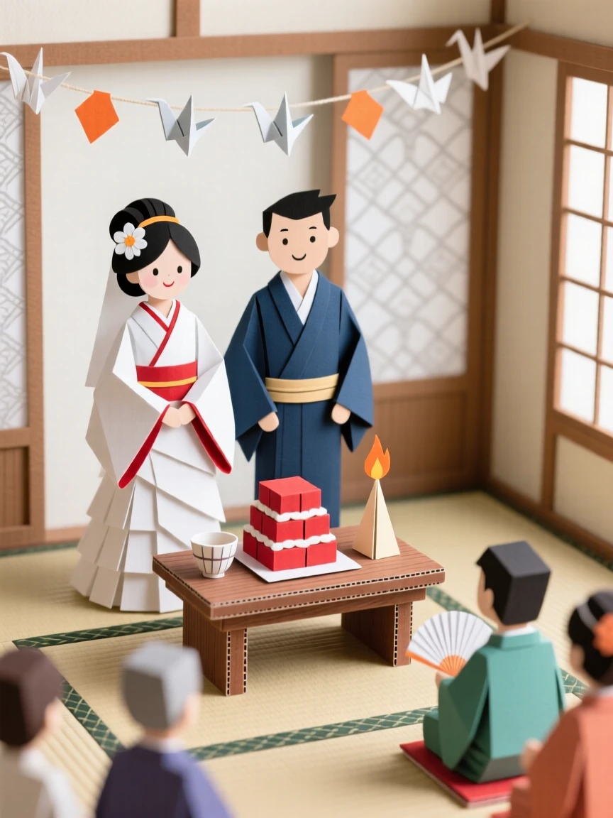 A joyous traditional wedding ceremony held in a serene tatami room, with intricate patterns catching the eye, capturing joyful communal celebration.