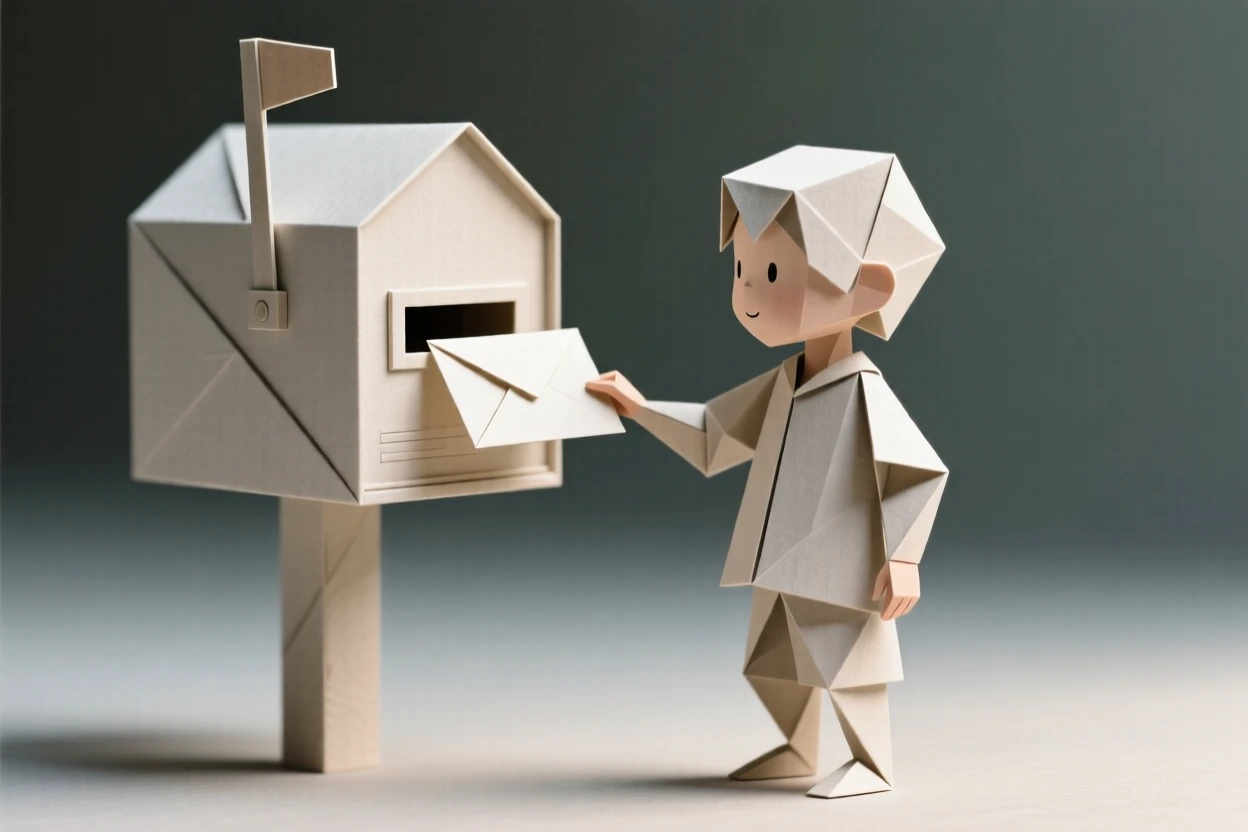 A young child mailing their very first letter, standing proudly at the mailbox.