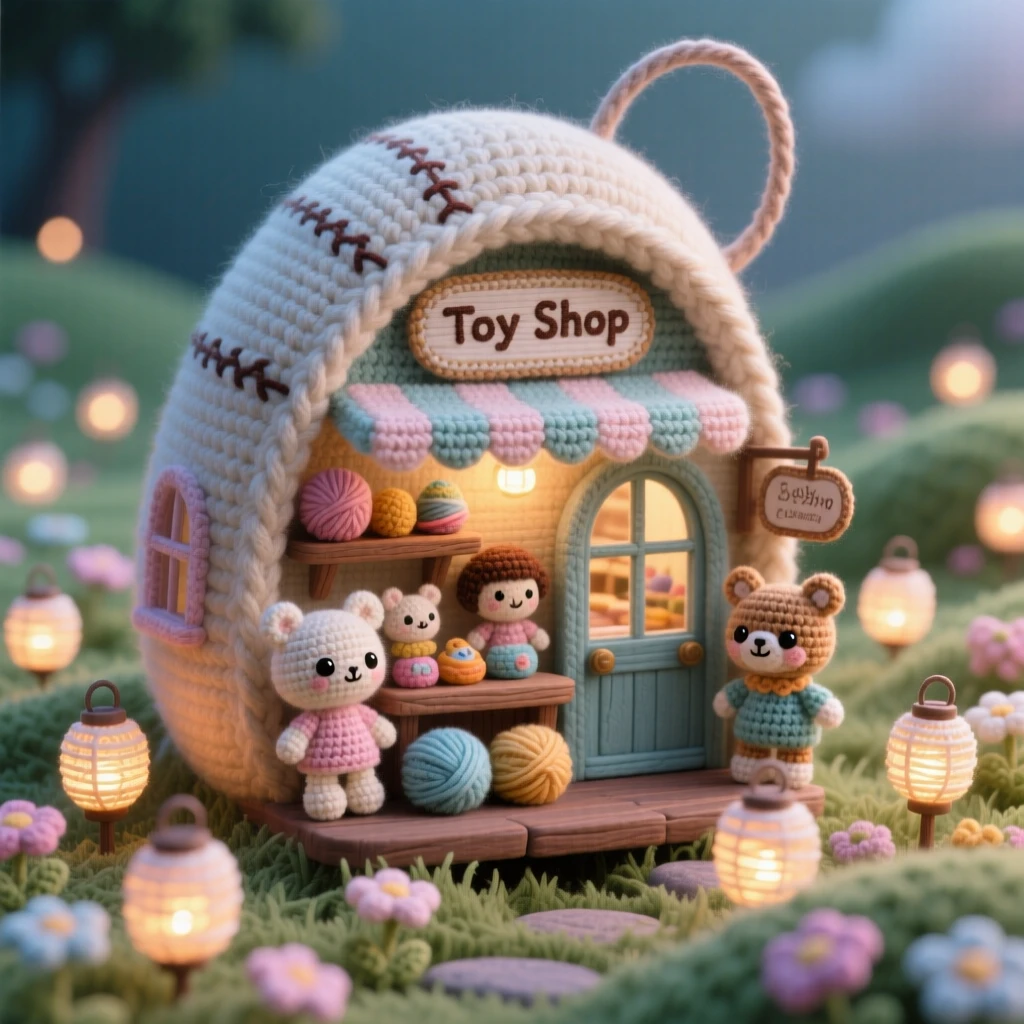 a tiny toy shop built inside a giant thimble, filled with miniature wonders, is shown nestled on a windowsill, tucked within a quiet, dreamlike meadow, surrounded by a cluster of miniature glowing lanterns, radiating quiet delight in an impossible little world.