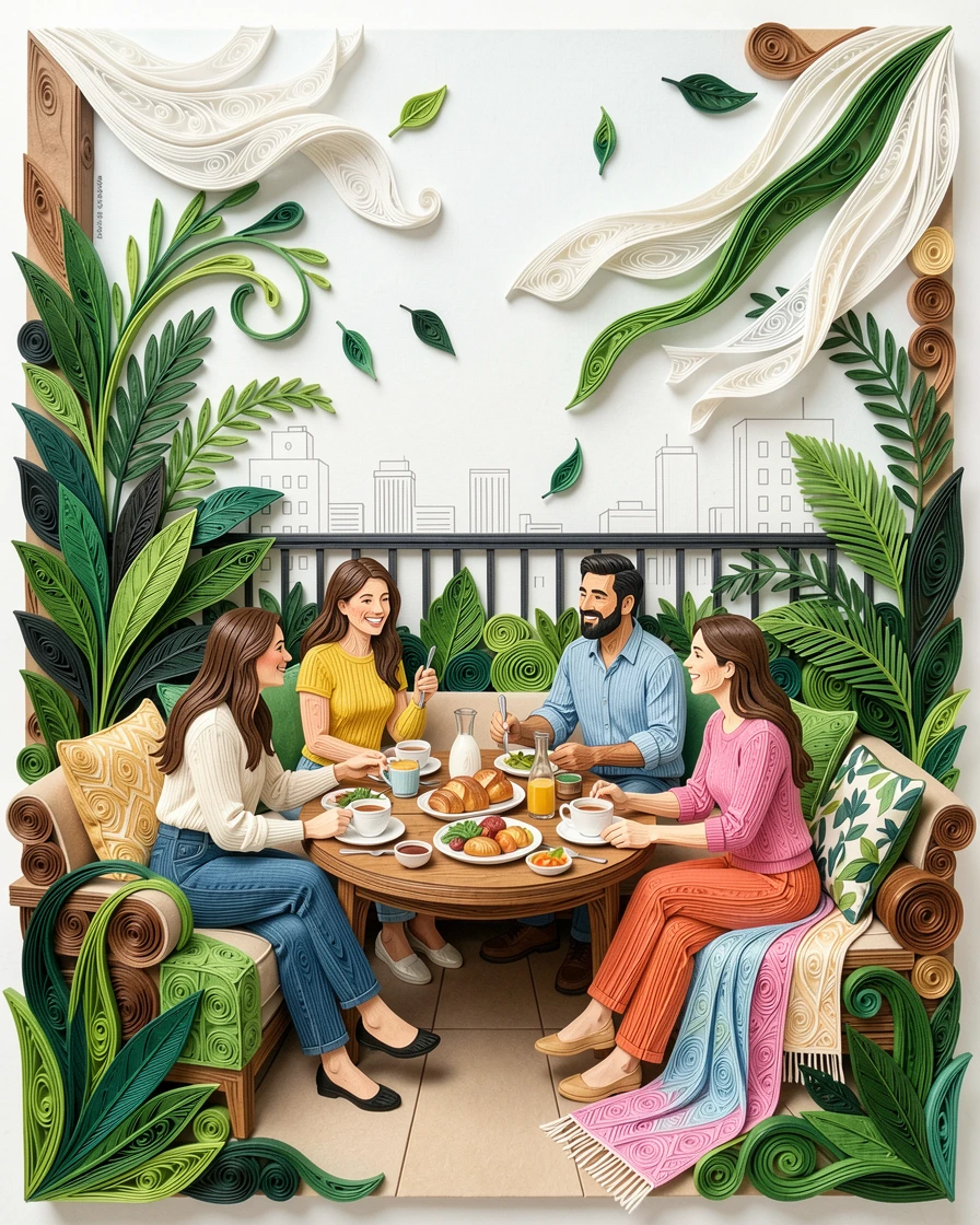 A relaxed modern lifestyle scene of a group of friends enjoying a rooftop brunch in a bright, plant-filled apartment, with a light breeze catching loose fabric or leaves, arranged with cozy layered textures throughout.