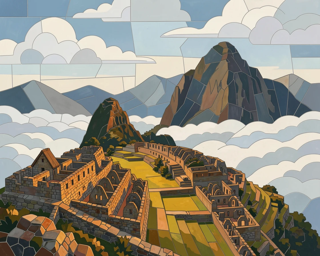 A breathtaking wide-angle view of the ruins of Machu Picchu high above the Andean clouds, with rich warm lighting and fine architectural detail.