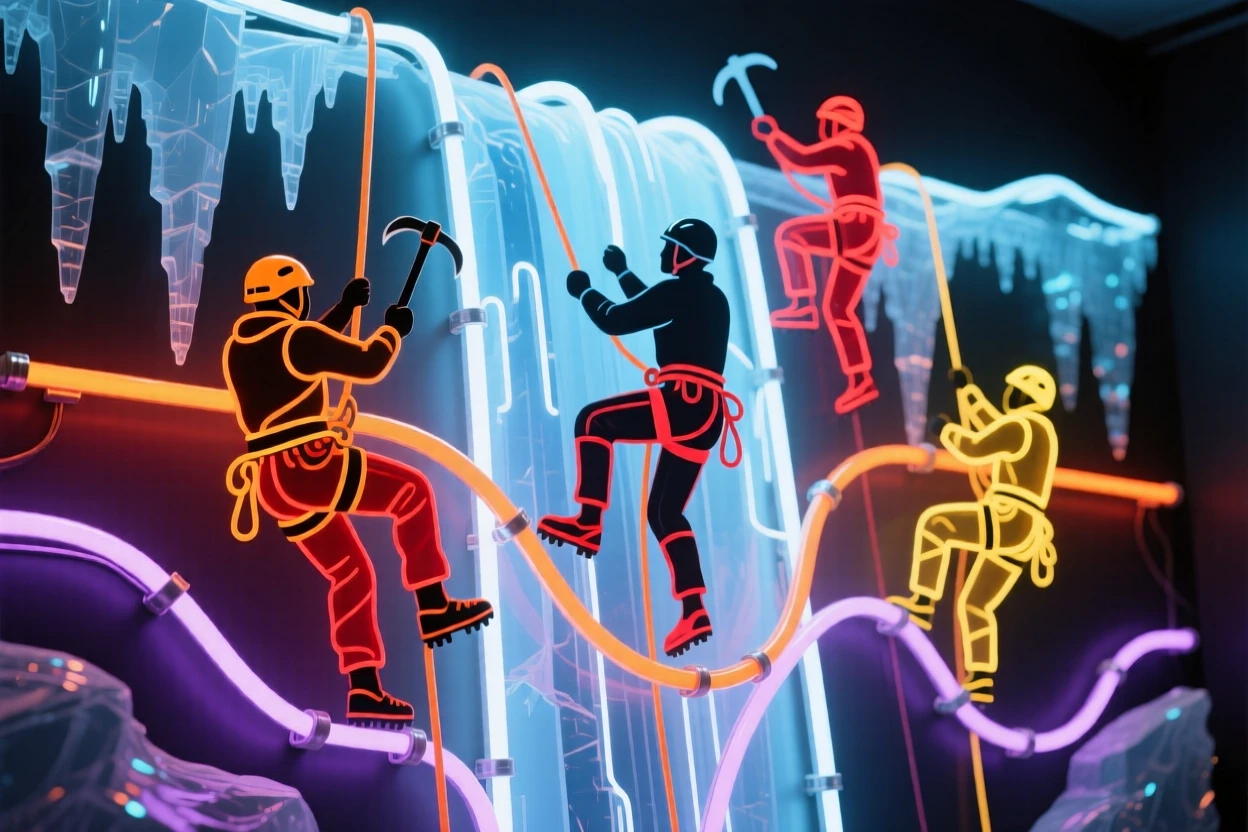 A group of ice climbers ascending a frozen waterfall.