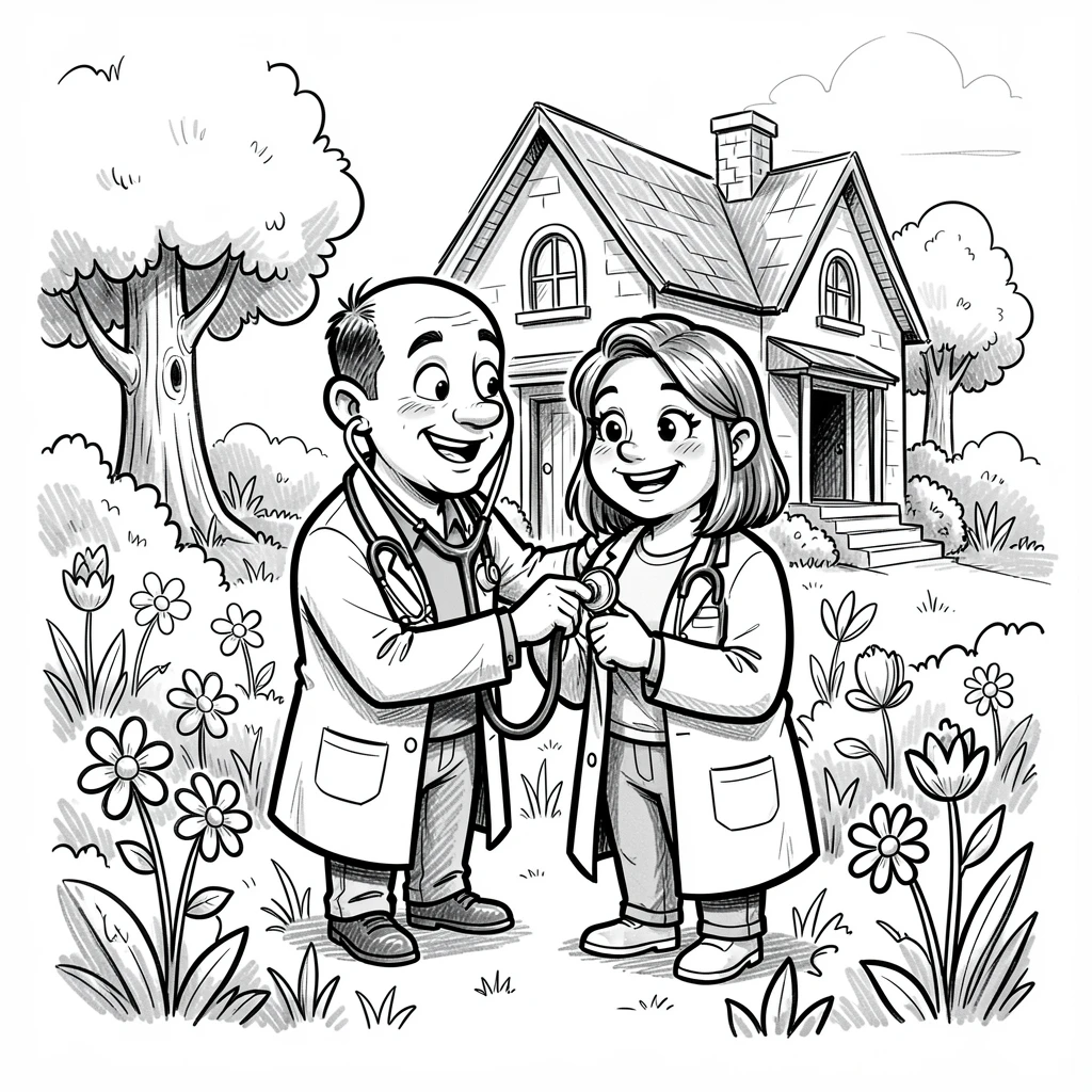 A doctor listening to a heartbeat with a stethoscope in a garden behind a cottage.