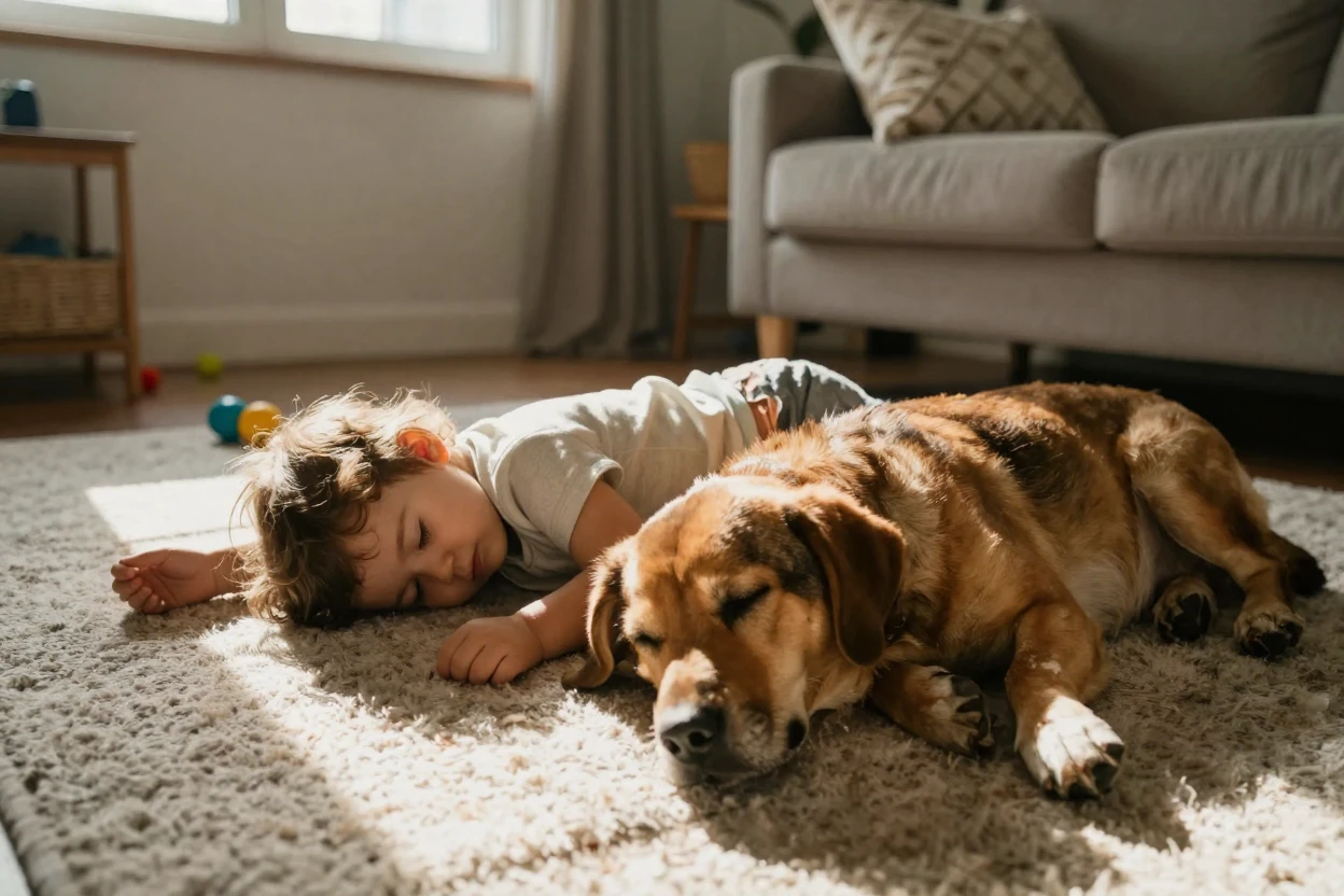 A dog and a toddler nap together in a sunbeam on the living room floor.