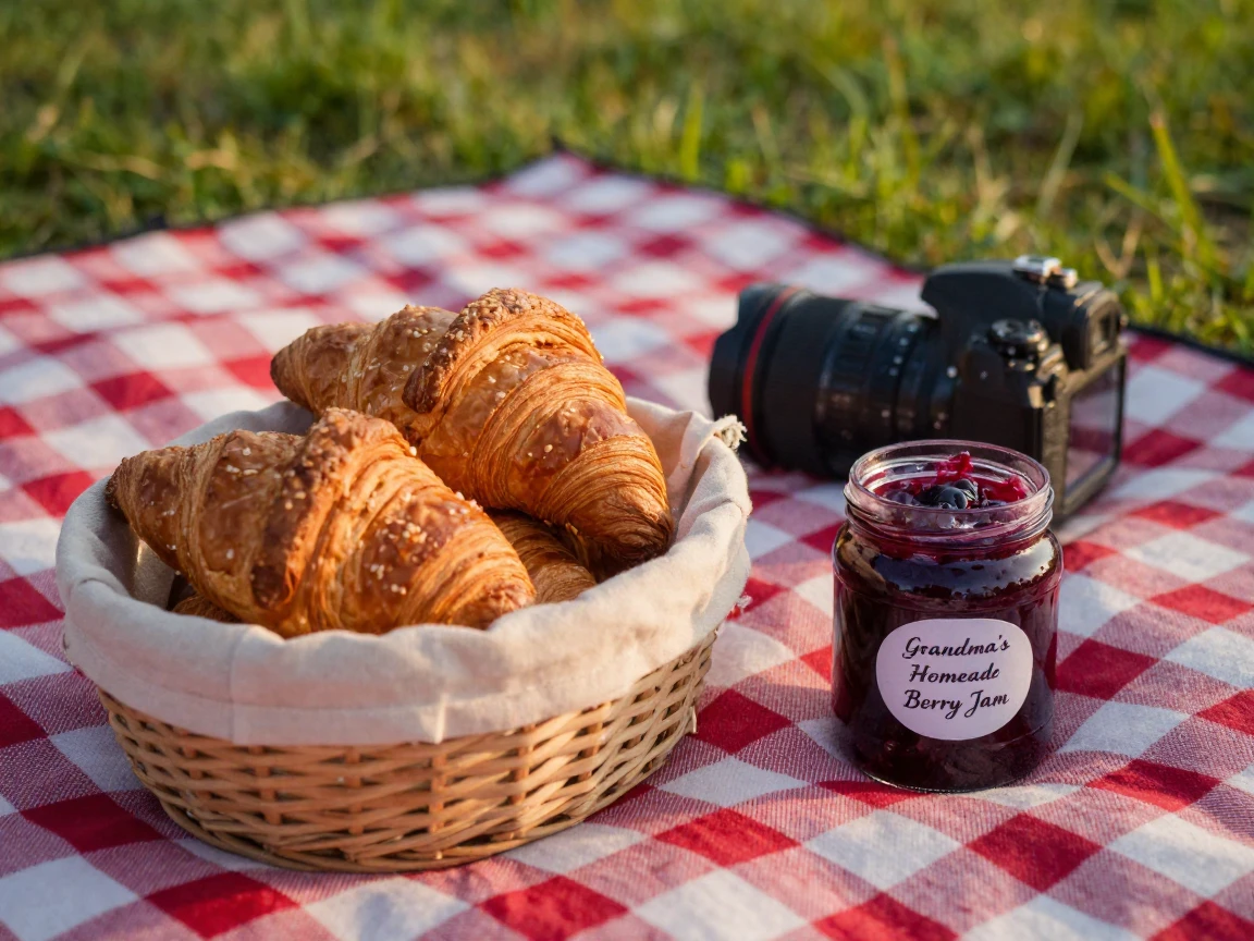 A basket of warm croissants beside a jar of berry jam, ready to be shared, on a checkered picnic blanket