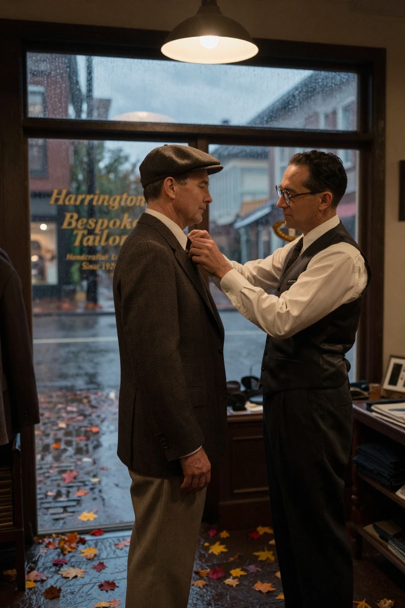 A tailor fitting a customer for a hand-stitched suit, in low lamplight, just after a rain shower, with puddles reflecting the sky, as autumn leaves turn gold and red, with muted olive and rust colors, captured from a low angle looking up.