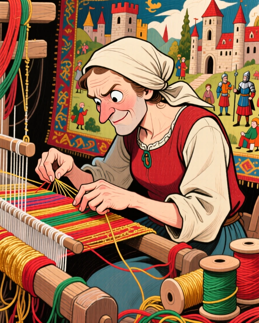 A medieval tapestry weaver crafting an elaborate scene thread by thread.
