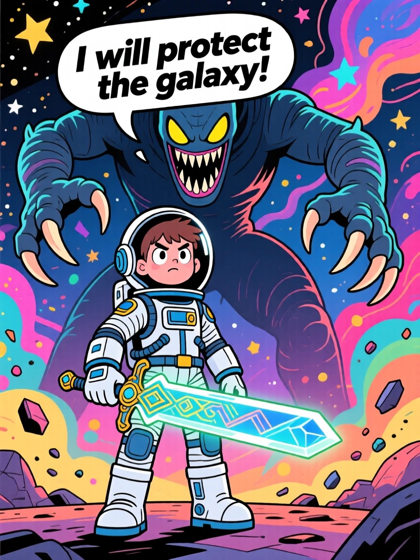 An imaginative fantasy scene of a young astronaut facing down a mighty foe with fearless determination, with a legendary artifact clutched tightly.