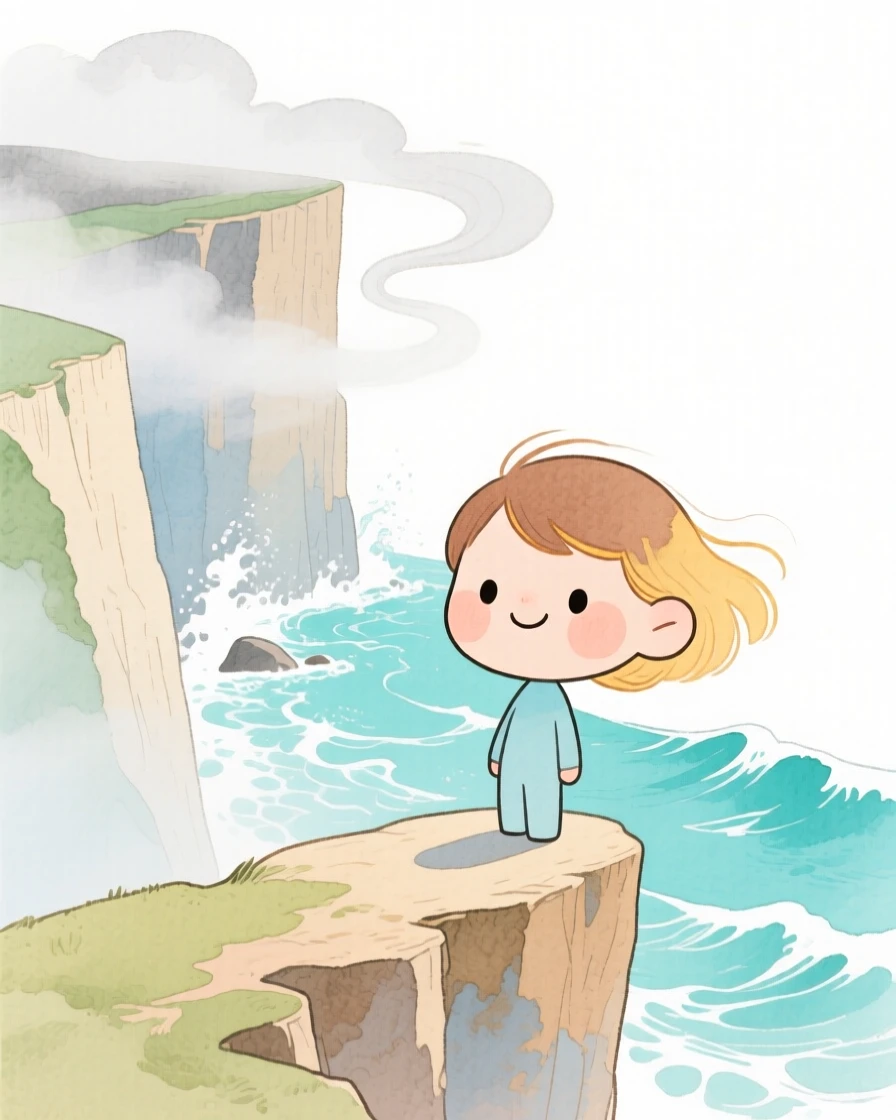 A serene landscape of a coastal cliff overlooking crashing turquoise waves wrapped in gentle mist