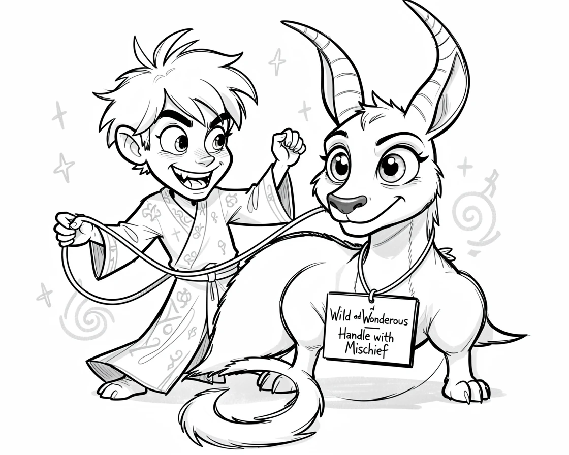 [Fantasy & Imaginative Scenarios] Imaginative fantasy scene of a mischievous enchanted beast tamer taming a wild mythical creature, brimming with wonder