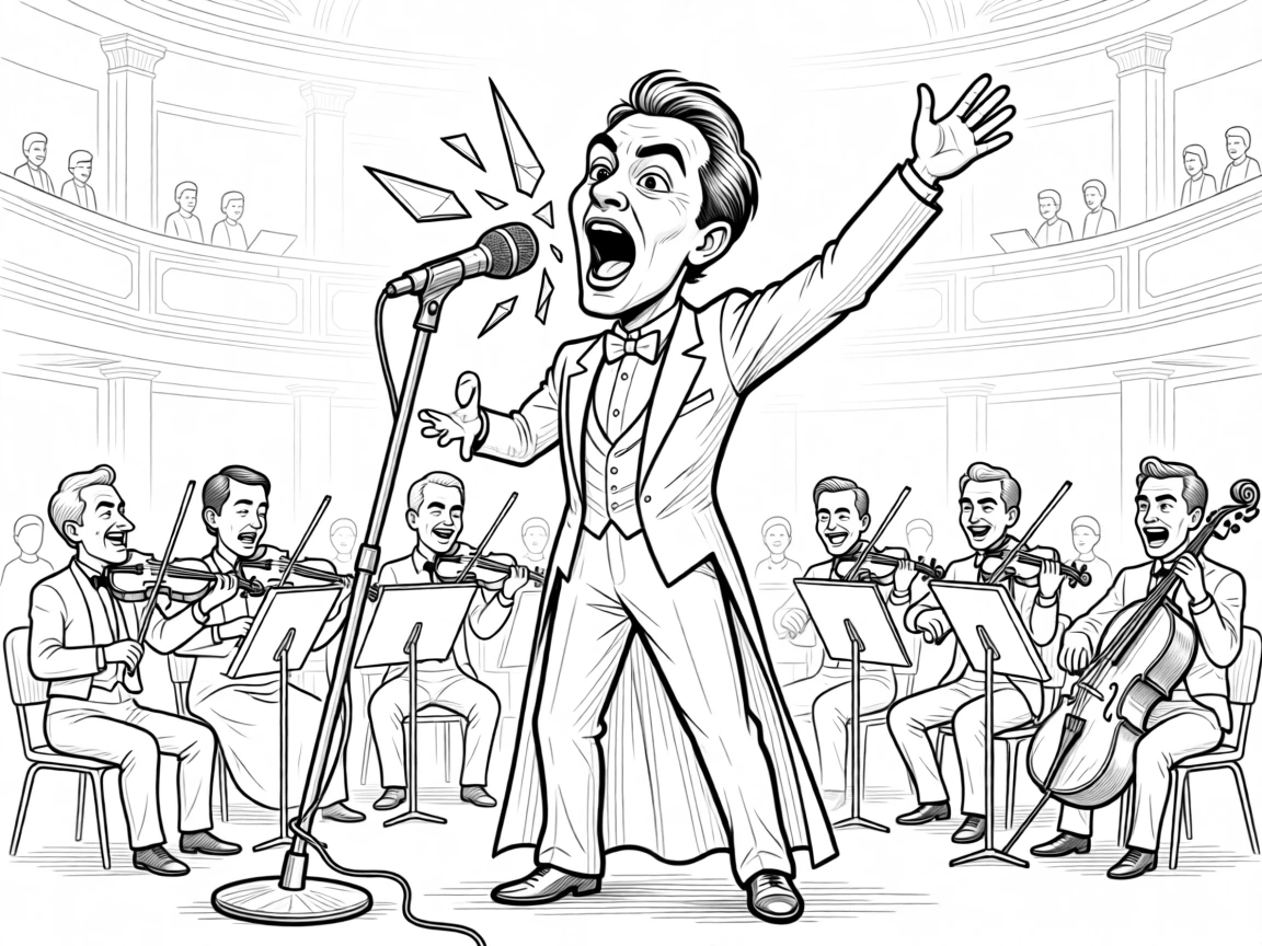 A opera singer hitting a note that shatters a nearby glass, cueing the entire orchestra with an emphatic downbeat, set in an elegant recital hall. A worn microphone stand tilts slightly from the energy. It captures the pure ecstasy of a performance in full swing.