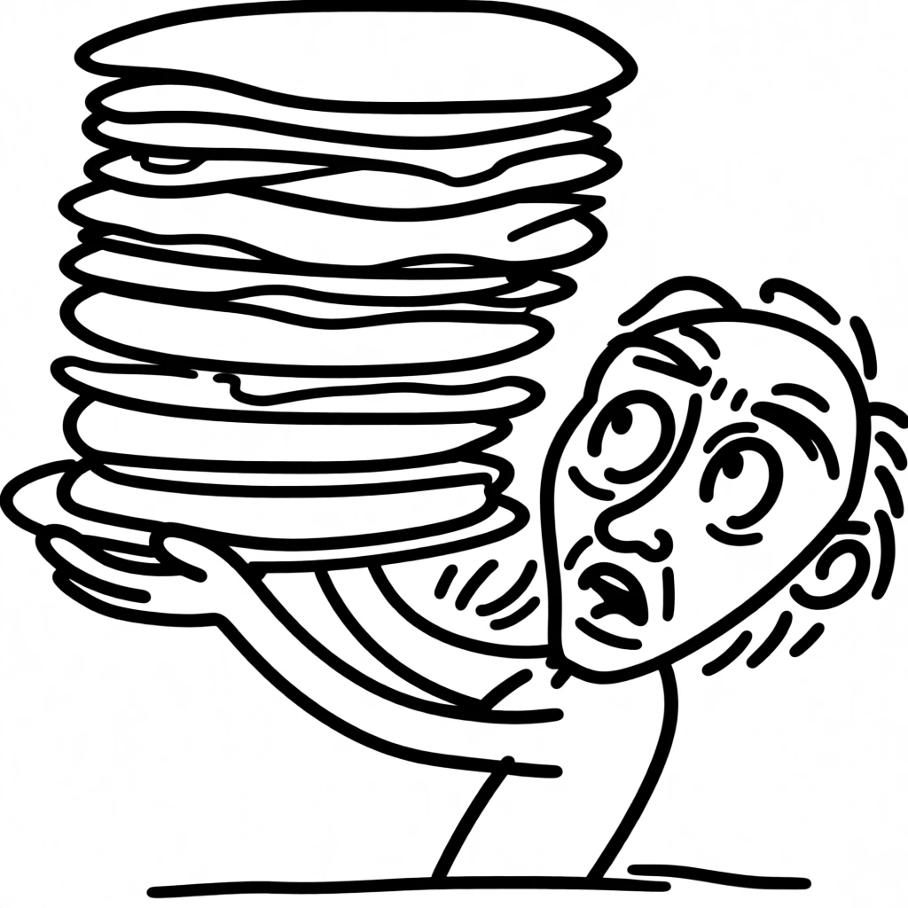 A person carefully carrying an overly tall stack of pancakes to the breakfast table.