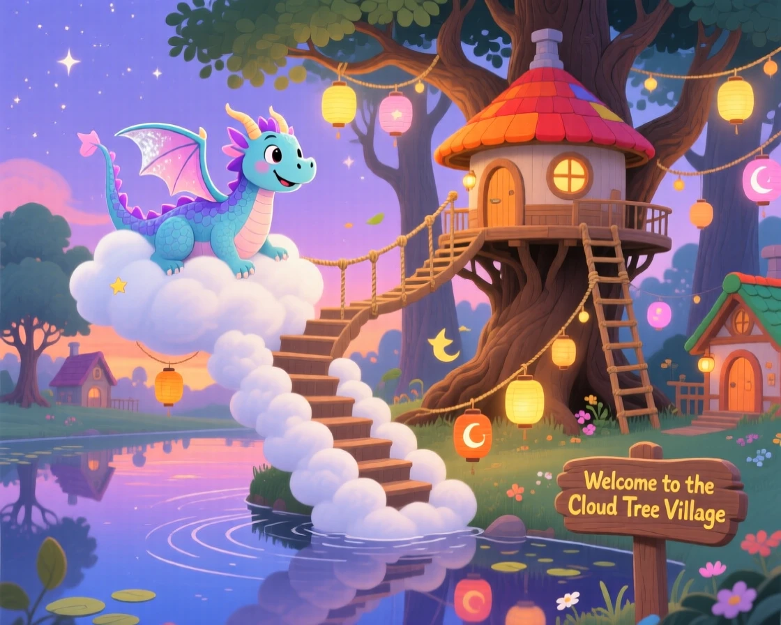 A cloud-riding dragon is climbing a staircase made of clouds in a treehouse village strung with lanterns, as reflections shimmer on the still water.
