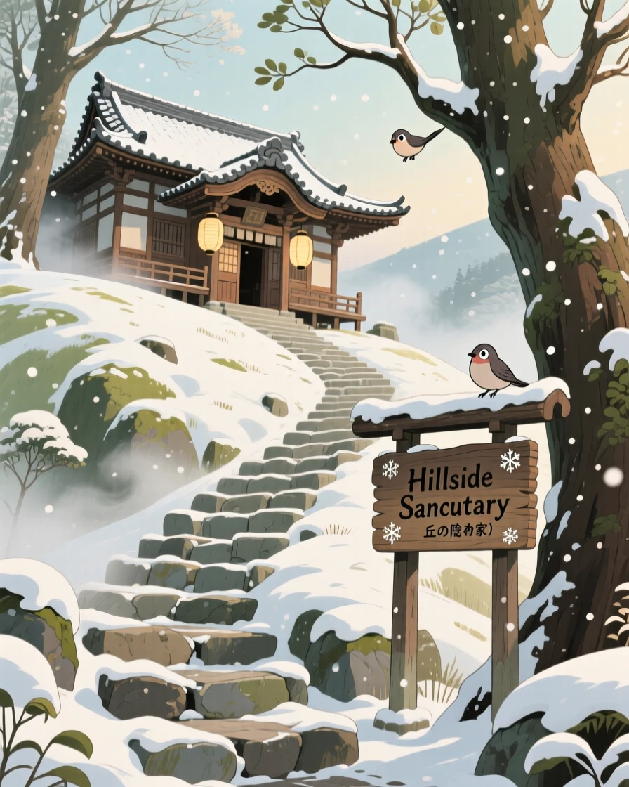 A charming view of a hillside monastery reached by hundreds of stone steps, dusted lightly with fresh snow.