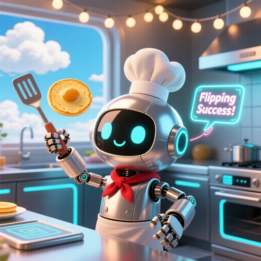 Close-up portrait: a small robot chef, flipping a pancake with mechanical arms, set against a sleek futuristic kitchen beneath fluffy drifting clouds, with warm fairy-light glow and a mood of proud determination.