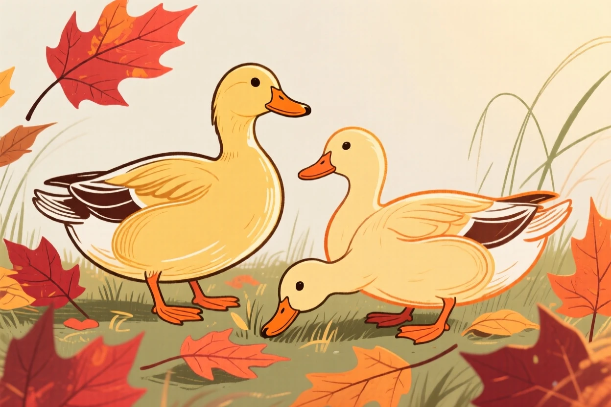 A family of ducks grazing among autumn leaves during golden hour.