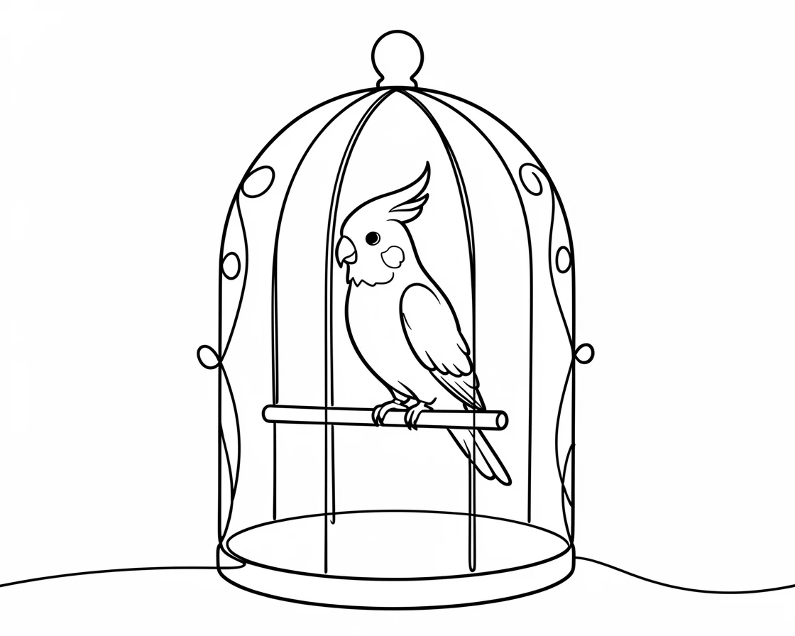 A cockatiel perched on a swing inside an ornate birdcage