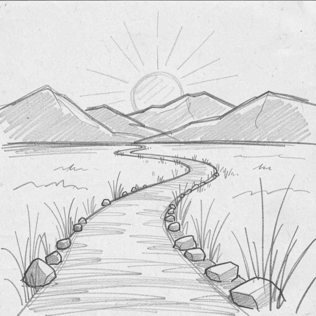 A peaceful moment of a winding path leading toward a distant horizon as the sun rises over distant mountains, capturing a moment of pure stillness.