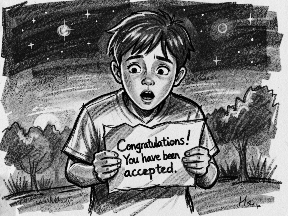 A student receiving an acceptance letter with disbelief and joy, as the first stars appear overhead.