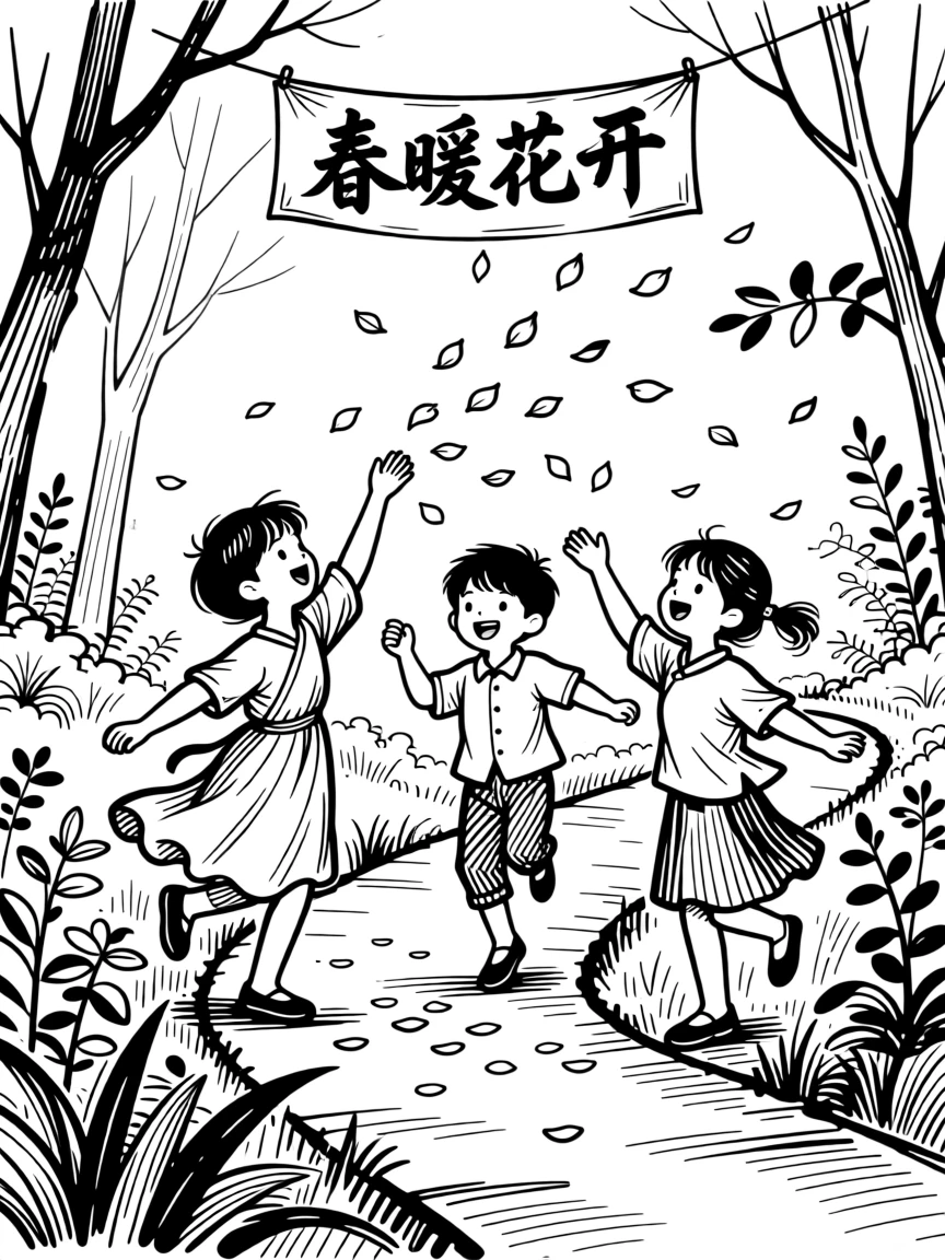 A festive spring festival with children scattering flower petals down a path.